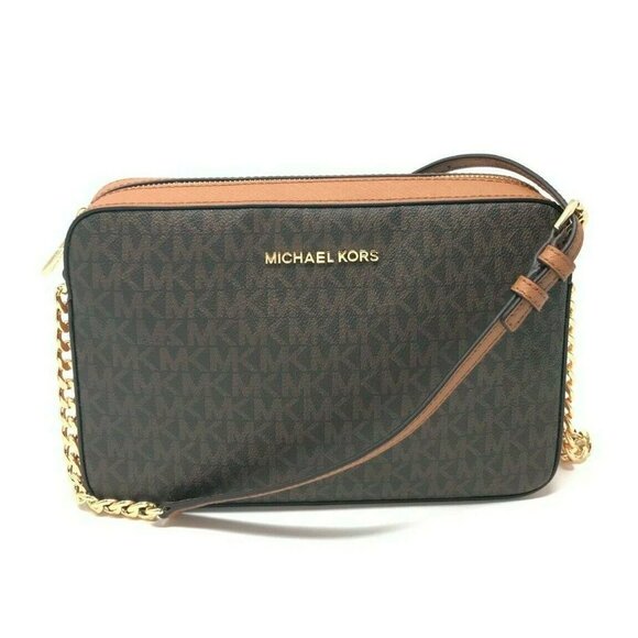 S Michael Kors Jet Set Logo EW Crossbody Brown 35F8GTTC3B Chain Acorn NWT $328 - Picture 1 of 5